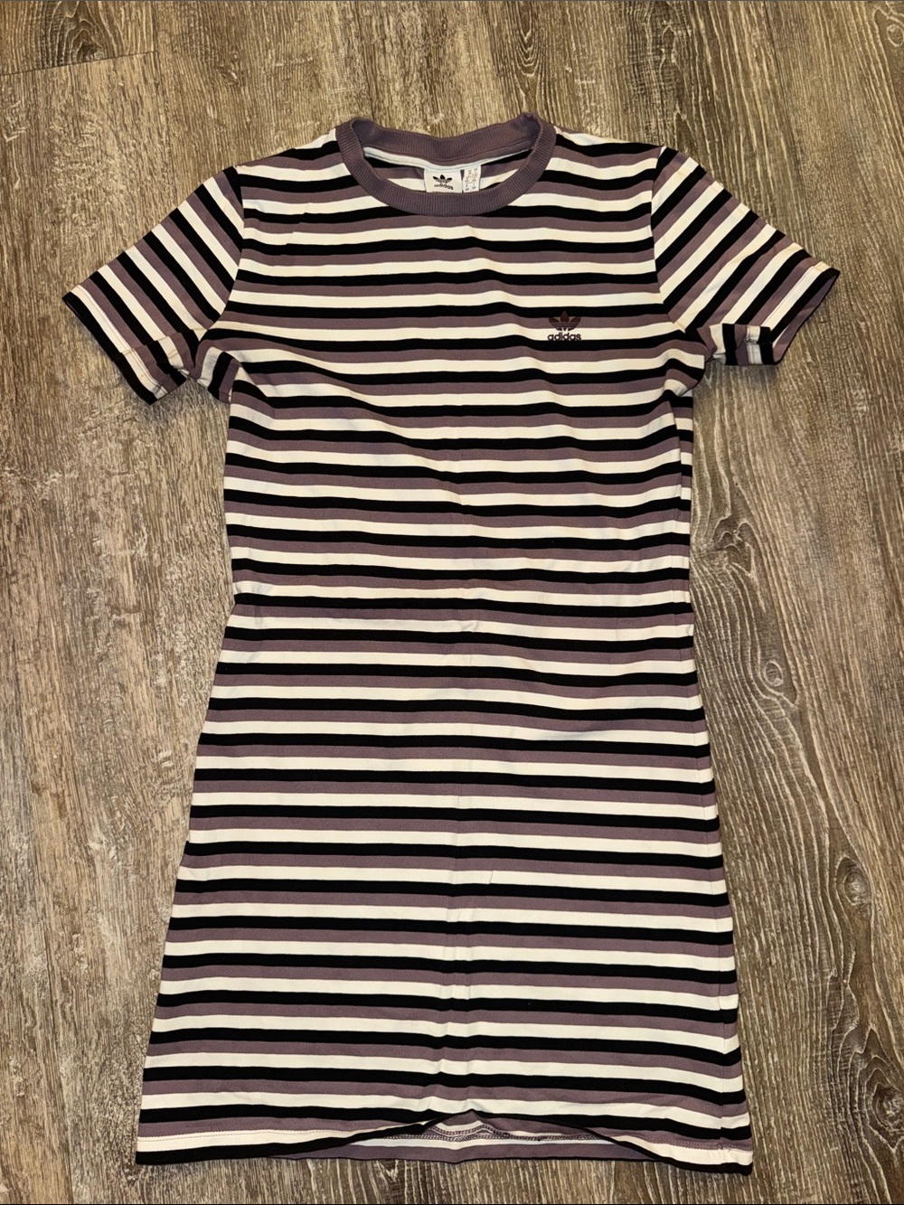 Adidas Striped Short-Sleeve Stretchy Bodycon Dress in Mauve and Black